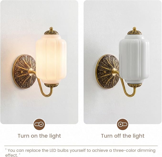 Vintage Milk White Glass Wall Sconce - Milk Glass Shade Antique Brass Indoor Wall Light for Bedroom, Living Room, and Hallway