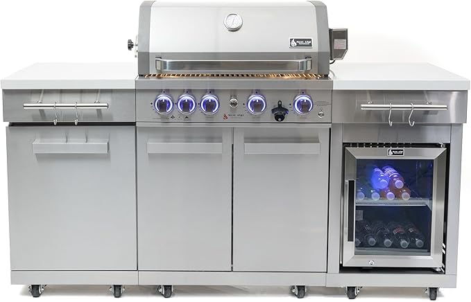 Mont Alpi Premium 70"W x 24"D Stainless Steel Compact Outdoor Kitchen Island with Refrigerator + 32"W 4-Burner BBQ Grill with Infrared Rotisserie Burner + Storage Cabinets + White Granite Countertops