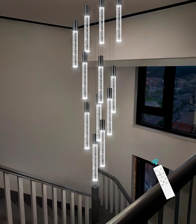 HAIXIANG 118" High Ceiling Chandelier Linear Crystal Pendants, Remote Dimmable, Compatible Sloped Ceilings, 12-Light Matte Black, 60 Watts LED, 4800 Lumens
