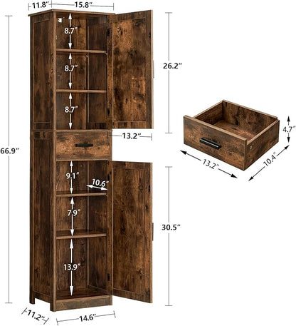 WEENFON Tall Bathroom Cabinet, Storage Cabinet with 6 Shelves & Drawer, Bathroom Storage Cabinet with Adjustable Shelves, Tall Cabinet for Living Room, Home Office, Brown