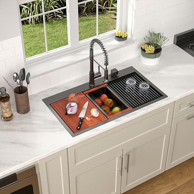 Dcolora 33x19 Black Kitchen Sink Drop In with Workstation Handed-Welding 16 Gauge 304 Stainless Steel Nano Coating Large Single Bowl Drop In Sink Top Mount 33”x19”x10” Matte Black,DC-TBW001