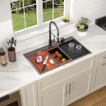 Dcolora 33x19 Black Kitchen Sink Drop In with Workstation Handed-Welding 16 Gauge 304 Stainless Steel Nano Coating Large Single Bowl Drop In Sink Top Mount 33”x19”x10” Matte Black,DC-TBW001