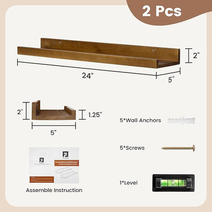 FLYJOE Picture Ledge Shelf for Wall, 24 inch Solid Ash Wood Nursery Book Shelves 2 Packs, Floating Shelves for Kids' Room Bedroom Bathroom Living Room Photo Frames Office Nursey Wall Decor, Walnut