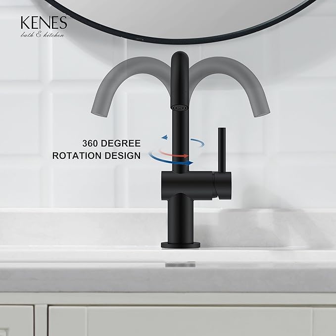 KENES Matte Black Bathroom Sink Faucet, Bathroom Faucets Single Handle Modern Prep Wet Bar Sink Faucets with Drain Assembly & Deck Plate, Farmhouse RV Camper Outdoor Utility Faucet, KE-9005B-2