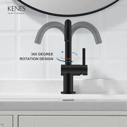 KENES Matte Black Bathroom Sink Faucet, Bathroom Faucets Single Handle Modern Prep Wet Bar Sink Faucets with Drain Assembly & Deck Plate, Farmhouse RV Camper Outdoor Utility Faucet, KE-9005B-2