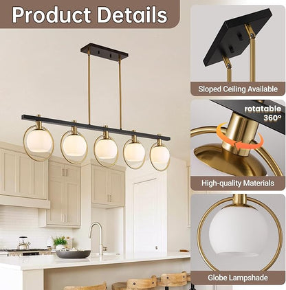 WJShome Black and Gold Farmhouse Chandelier, Dining Room Light Fixture Over Table, 5-Light Kitchen Island Lighting, Adjustable Height Linear Chandeliers, with Milk Glass Shades
