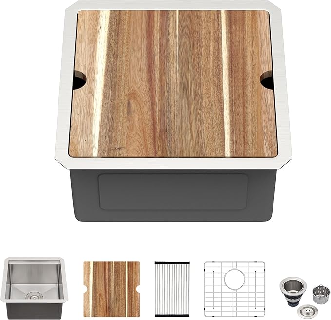 Kichae Undermount Bar Sink - 15" x 15" Bar Prep RV Kitchen Sink Stainless Steel 16 Gauge Workstation Small Wet Bar Sinks Single Bowl Handmade Basin With Cutting Borad