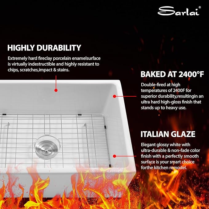 Sarlai 28 White Farmhouse Sink - 28x20 Inch Kitchen Sink Apron Front Ceramic Porcelain Vitreous Fireclay Single Bowl Farmer Sinks Basin