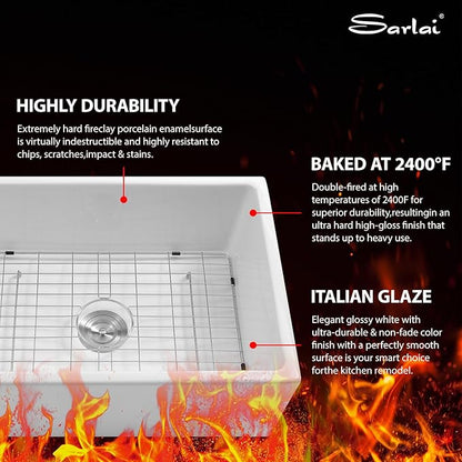 Sarlai 28 White Farmhouse Sink - 28x20 Inch Kitchen Sink Apron Front Ceramic Porcelain Vitreous Fireclay Single Bowl Farmer Sinks Basin