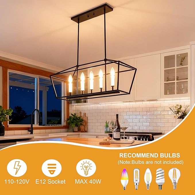 VINLUZ E12 5 Light Industrial Kitchen Island Lighting in Black and White Finish Classic Pendant Light Metal Chandelier Hanging Lights for Living Room