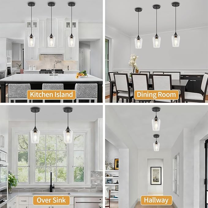 3-Pack Black Pendant Lights Kitchen Island, Modern Glass Pendant Lighting Over Island Kitchen Hanging Light Fixtures Hallway Pendant Lights for Bathroom Dining Room Entryway Foyer Bedroom