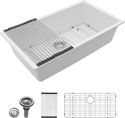 Dcolora 33 In. White Undermount Granite Composite Kitchen Sink, Single Bowl Quartz Sink, Deep Modern Kitchen Sink, 33" X 19" X 9.65"#DC-GU7750