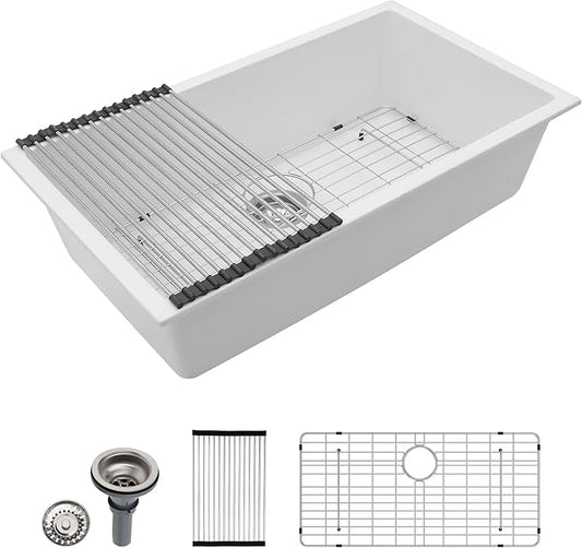 Dcolora 33 In. White Undermount Granite Composite Kitchen Sink, Single Bowl Quartz Sink, Deep Modern Kitchen Sink, 33" X 19" X 9.65"#DC-GU7750
