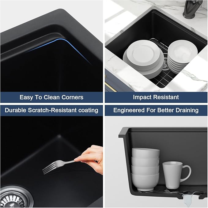 Lordear 18 Inch Undermount Granite Composite Bar Sink 18"x18" Composite Quartz Kitchen Sinks Black Single Bowl Under Counter Ledge Workstation Bar Prep RV Sink Basin