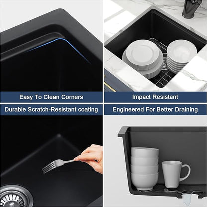 Lordear 18 Inch Undermount Granite Composite Bar Sink 18"x18" Composite Quartz Kitchen Sinks Black Single Bowl Under Counter Ledge Workstation Bar Prep RV Sink Basin