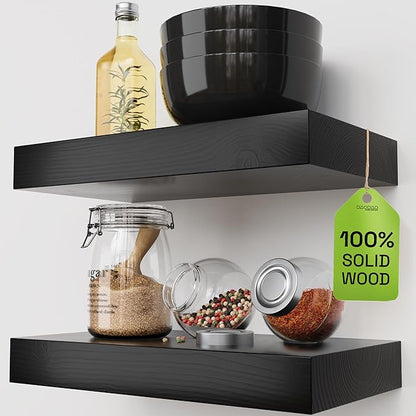 BAOBAB WORKSHOP Solid Wood Floating Shelves for Wall 12 Inch Wide, Small Wooden Shelf Kitchen Bedroom, Bathroom Shelves for Room Wall Mounted, Black Shelf, 12W × 6.7D, Set of 2