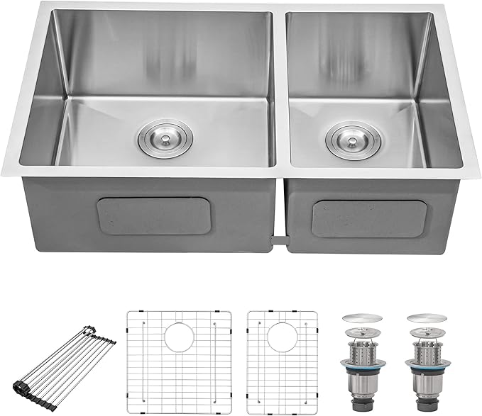33 Undermount Double Bowl Kitchen Sink - Beslend 33x19x10 Inch Double Sink Stainless Steel Undermount Sinks 16 Gauge 60/40 Double Bowl Sinks