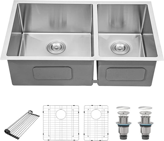 33 Undermount Double Bowl Kitchen Sink - Beslend 33x19x10 Inch Double Sink Stainless Steel Undermount Sinks 16 Gauge 60/40 Double Bowl Sinks