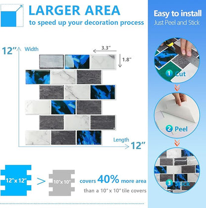 STICKGOO Peel and Stick Backsplash Subway Tiles, 10 Sheets of 12" x 12" - 3D Adhesive Peel and Stick Tile Backsplash for Kitchen, Bathroom, Wall Tile (Thicker Design, Blue Grey)