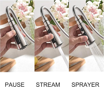 Kitchen Faucets with Pull Down Sprayer, Brushed Nickel High Arc RV Laundry Bar Commercial Sink Faucet, 1 or 3 Hole Stainless Steel Single Handle Faucets for Kitchen Sink with Deck Plate