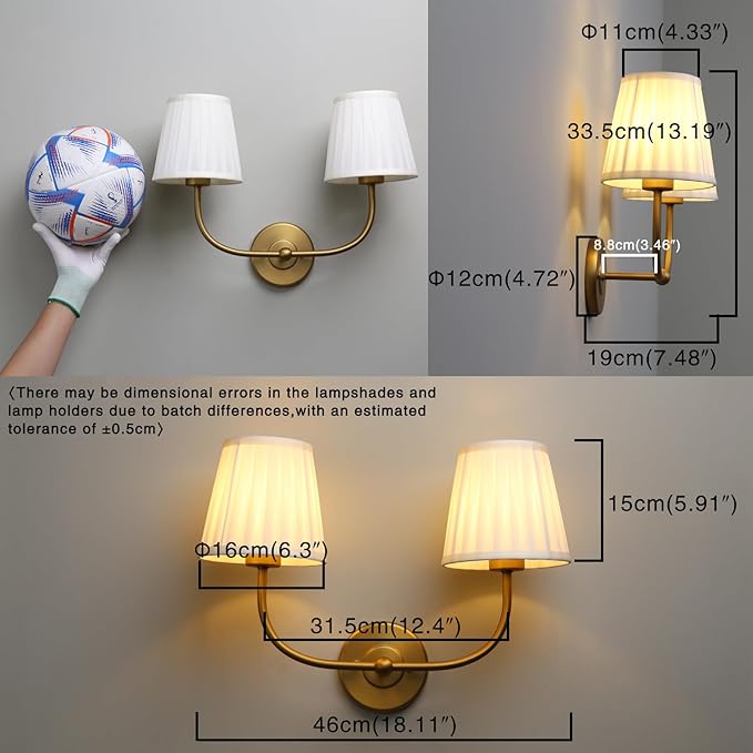 PERMO Vintage Sconce Gold 2 Lights Wall Sconces with Pleated Beige Stripe Fabric Shades Antique Bathroom Double Sconces Hardwired for Farmhouse Bedroom Hallway