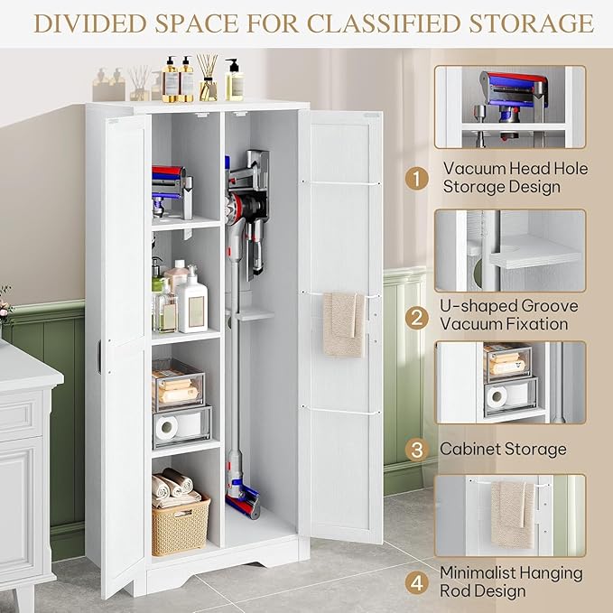 DWVO Wooden Storage Cabinet, Vacuum Cleaner Storage Compatible with Dyson Models, Utility Stand for Brooms and Mops, Cleaning Tool Cabinet with Doors for Garage, Office, Home