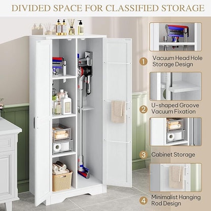 DWVO Wooden Storage Cabinet, Vacuum Cleaner Storage Compatible with Dyson Models, Utility Stand for Brooms and Mops, Cleaning Tool Cabinet with Doors for Garage, Office, Home