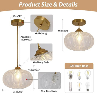 KCO Lighting Clear Ribbed Glass Pendant Light Vintage Brass Gold Pendant Lighting Large Globe Pendant Lights Kitchen Island Mid Century Modern Hanging Light for Living Room
