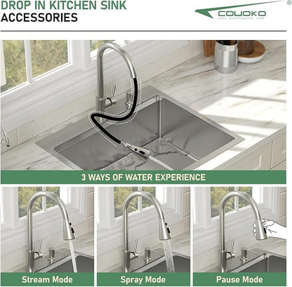 Drop In Kitchen Sink with Faucet Combo 25x22 Drop In 16 Gauge Stainlee Steel Single Bowl Workstation Kitchen Sinks Large Deep Round Corner Handmade Overmount Topmount Sink Basin