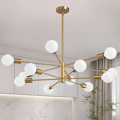 RUIYEY Modern Sputnik Chandeliers Light, 12-Light Gold Gold Dining Room Chandelier Over Table, Height Adjustable Industrial Semi Flush Mount Mid Century Chandelier for Kitchen Island Living Room