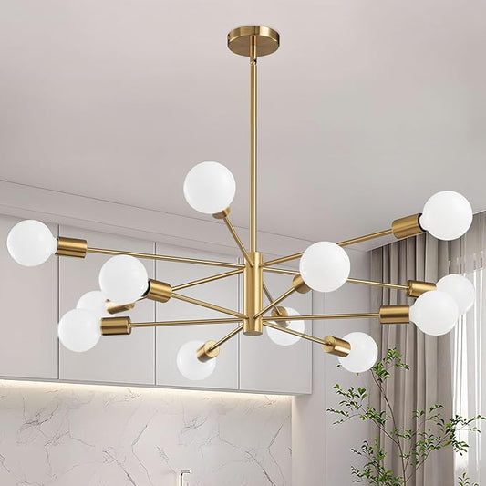 RUIYEY Modern Sputnik Chandeliers Light, 12-Light Gold Gold Dining Room Chandelier Over Table, Height Adjustable Industrial Semi Flush Mount Mid Century Chandelier for Kitchen Island Living Room
