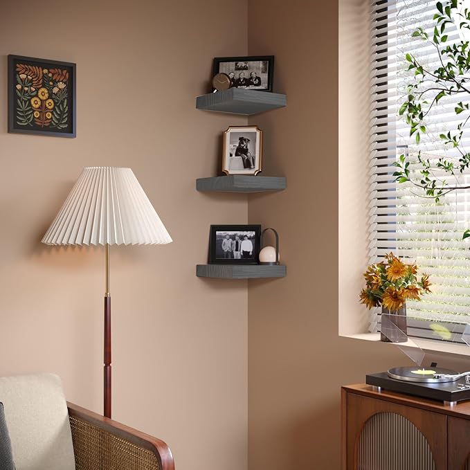 PopiShelves Small Floating Shelves for Wall - 12 x 9 Inch Grey Shelves for Bedroom, Living Room, Bathroom, Kitchen, Office Decor Set of 3
