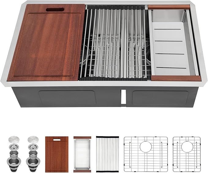 Sarlai 33 Kitchen Sink Double Bowl - 33x19 Inch Undermount Sink16 Gauge Stainless Steel Ledge Workstation Low Divide Double Bowl 60/40 Under Counter Kitchen SinK Basin
