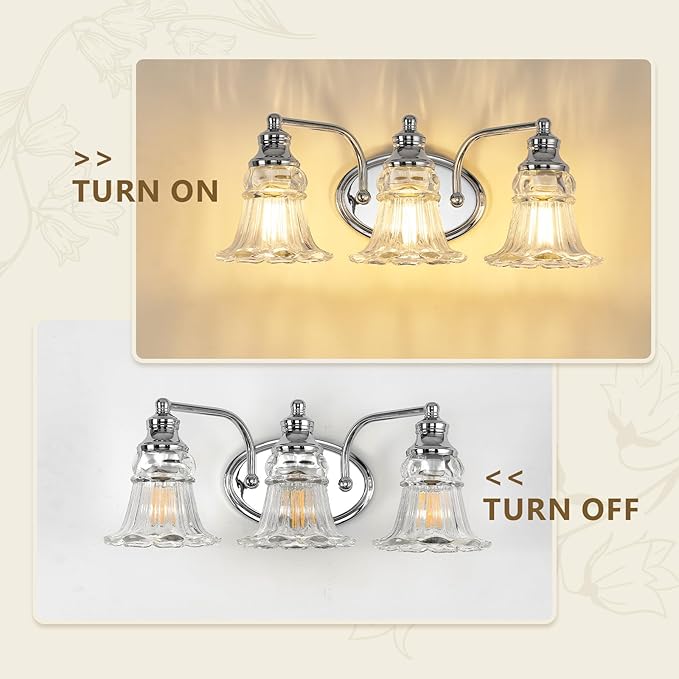 3-Light Bathroom Light Fixtures Over Mirror, Vintage Vanity Lights with Clear Floral Glass Shades, Chrome