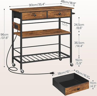 HOOBRO Kitchen Island with Storage, Rolling Island Cart for Kitchen with 2 Drawers & Outlet, 3 Tier Coffee Station and Microwave Stand, Kitchen Island Table for Home, Rustic Brown BF08UZD01