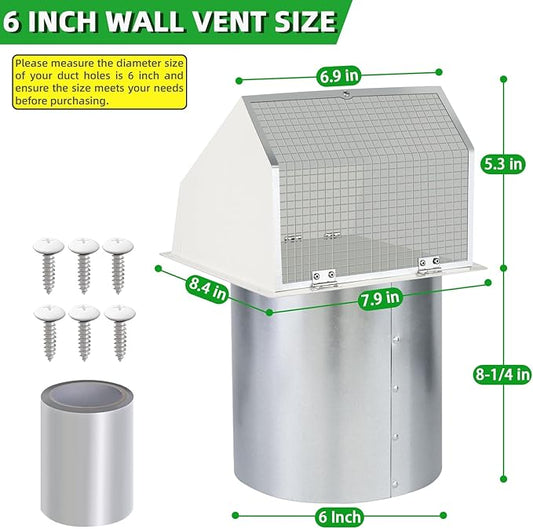 6 Inch Hooded Wall Vent with Screen and Damper,6" Vent Hood Wall Exhaust Vent Cover,Dryer Vent Cover Outside,6"Vent Cover Exterior Wall Vent Cap for Range Hood Kitchen Air Ventilation,Galvanized Steel