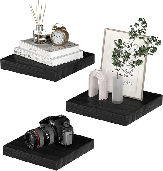 PopiShelves Small Floating Shelves for Wall - 9 Inch Square Black Shelves for Bedroom, Living Room, Bathroom, Kitchen, Office Decor Set of 3