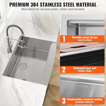 VEVOR Farmhouse Kitchen Sink, 304 Stainless Steel Drop-In Sinks, Top Mount Single Bowl Basin with Ledge & Accessories, Household Dishwasher Sinks for Workstation, Prep Kitchen, and Bar Sink, 30 inch