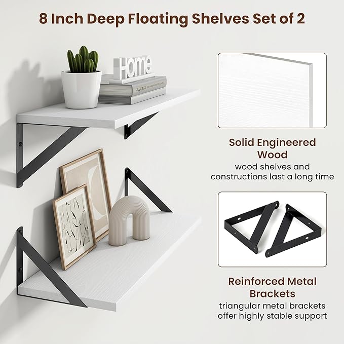Axeman 20 Inch Floating Shelves | 8 Inch Deep White Wall Shelves Set of 2 | 20''W x 8''D White Wood Shelves for Bathroom Living Room Bedroom Kitchen