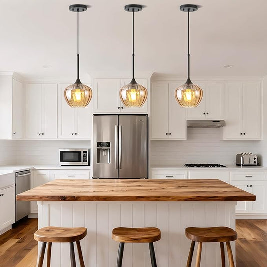 2Pack Amber Glass Pendant Light, 7 Inch Vintage Pendant Light Fixtures Modern Small Pendant Hanging Lights for Kitchen Island Dining Room Bathroom Coffee Bar