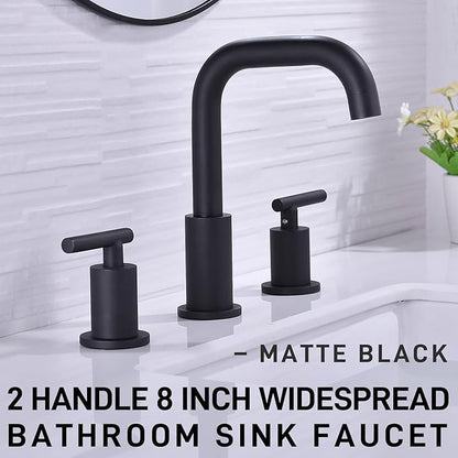 TRUSTMI 2-Handle 8 Inch Widespread Bathroom Sink Faucet, 3 Hole Brass Bathroom Faucet with cUPC Water Supply Lines and Pop Up Drain Assembly, Matte Black