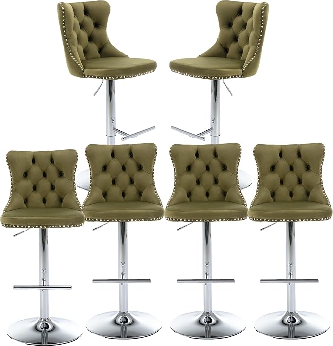 Rhomtree Velvet Swivel Bar Stools with Button Tufted Back and Pull Ring Height Adjustable Barstools 25-33 Inch for Home Pub and Kitchen Island (Olive-Green with Silver Base, Set of 6)