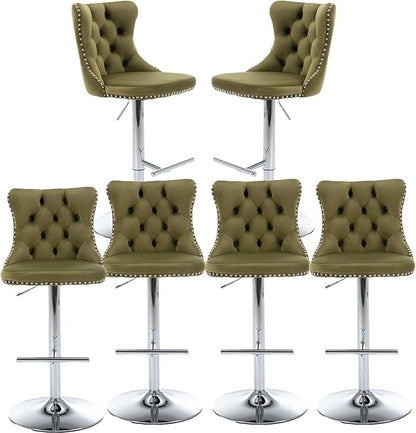 Rhomtree Velvet Swivel Bar Stools with Button Tufted Back and Pull Ring Height Adjustable Barstools 25-33 Inch for Home Pub and Kitchen Island (Olive-Green with Silver Base, Set of 6)