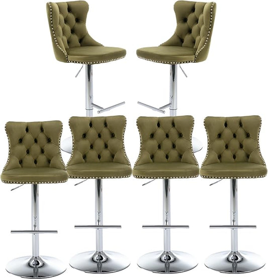 Rhomtree Velvet Swivel Bar Stools with Button Tufted Back and Pull Ring Height Adjustable Barstools 25-33 Inch for Home Pub and Kitchen Island (Olive-Green with Silver Base, Set of 6)