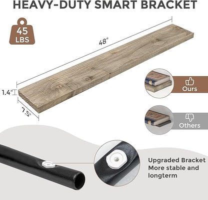 Dreamland 36 Inch Long Wood Floating Shelf, Solid Reclaimed Wood Wall Shelves 7.5 Inch Deep for Storage with Invisible Heavy-Duty Metal Bracket, Set of 1, Grey