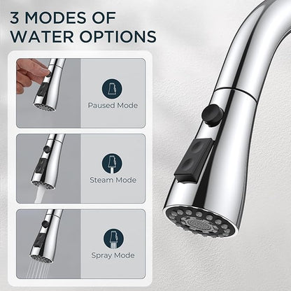 QFN Kitchen Faucet with Pull Down Sprayer Chrome, High Arc Single Handle Single Level Stainless Steel Pull Out Sink Faucet for Farmouse Camper RV Bar, Fit for 1 or 3 Hole