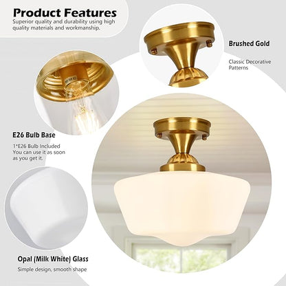 Brass Schoolhouse Light Fixture 12" Mid Century Light Fixture Milk Glass Light Fixtures School House Light Fixtures Ceiling Semi Flush Mount Ceiling Lights for Bedroom Bathroom (bulb Incl.