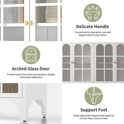 Foreate Sideboard Buffet Cabinet with Glass Door & LED Light, 53.2" Large Buffet Cabinet with Storage & Adjustable Shelf, Farmhouse Sideboard Credenzas Metal Kitchen Buffet, White