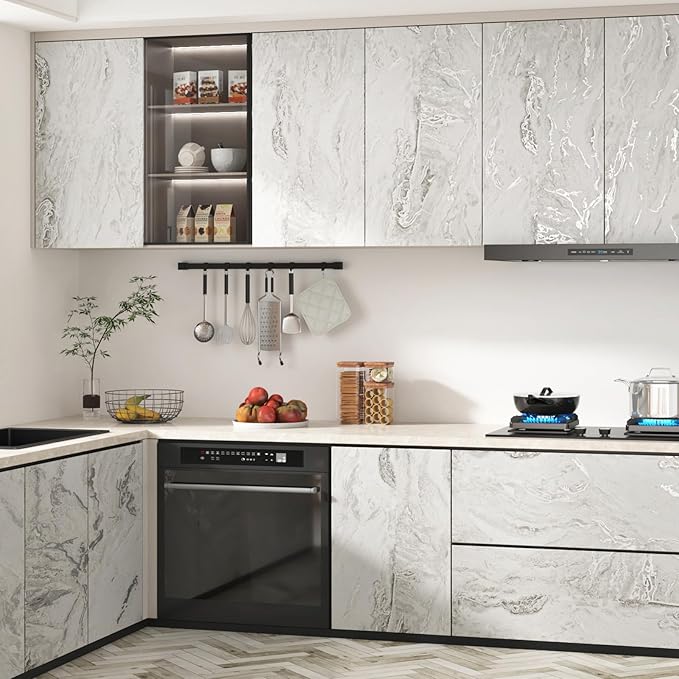 Wallercity Matte Beige/Silver Marble Contact Paper for Counter Top Marble Peel and Stick Wallpaper Countertops Vinyl Waterproof Self Adhesive Wall Paper for Cabinets Removable Kitchen Table Top Film
