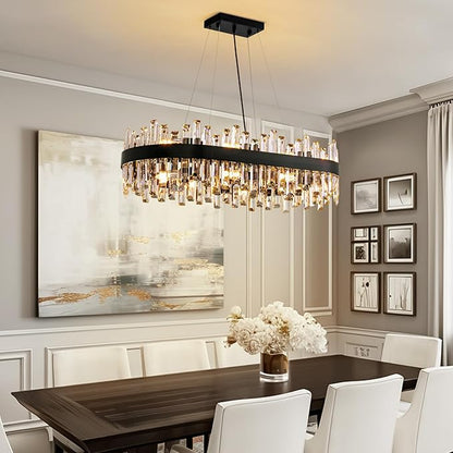Siljoy Modern Crystal Chandelier, 16-Light Black Rectangular 2-Tiers K9 Crystal Raindrop Chandelier, Farmhouse Crystal Ceiling Light Fixture for Living Dining Room Kitchen Island L35.4 Inch